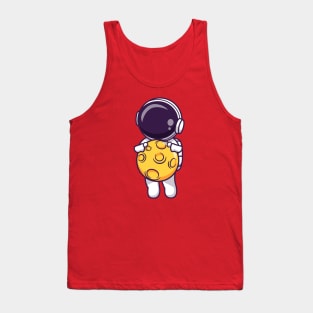 Cute Astronaut Flying With Moon Cartoon Tank Top